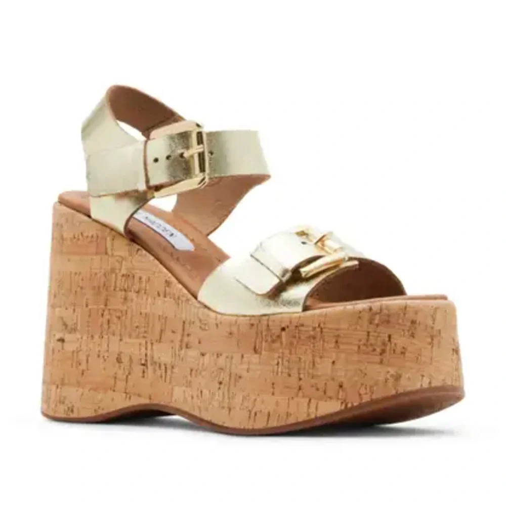 NEW Steve Madden River Platform Wedge Sandal 8 Gold Leather Buckle Ankle Strap